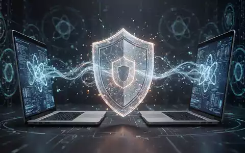 Abstrakte Darstellung von Datenflüssen zwischen Geräten, geschützt durch ein quantensicheres Verschlüsselungsschild, mit Quantencomputer-Elementen im Hintergrund. - Foto: über boerse-global.de