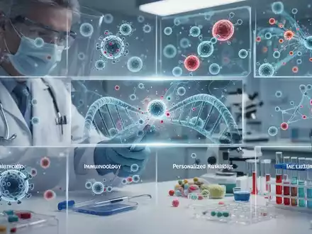 Eine Frau betrachtet eine digitale Darstellung von DNA-Strängen und wissenschaftlichen Daten, umgeben von medizinischen Symbolen. - Foto: über boerse-global.de