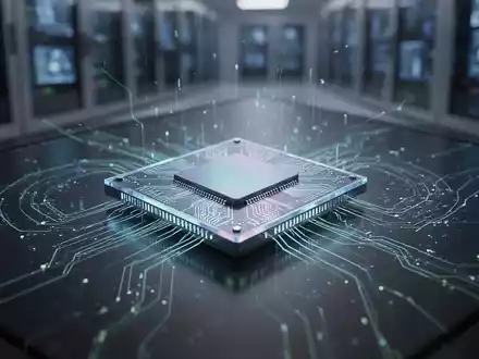 Ein futuristischer, leuchtender Mikrochip auf einer dunklen, reflektierenden Oberfläche mit abstrakten Lichtmustern, die Datenfluss andeuten. - Foto: über boerse-global.de
