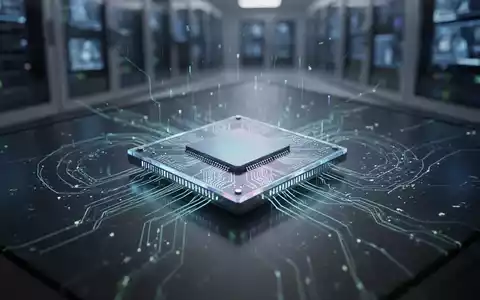 Ein futuristischer, leuchtender Mikrochip auf einer dunklen, reflektierenden Oberfläche mit abstrakten Lichtmustern, die Datenfluss andeuten. - Foto: über boerse-global.de