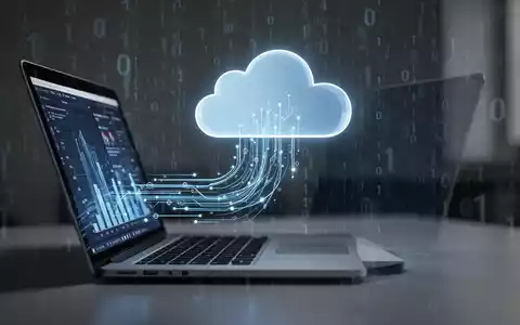 Datenfluss von einem Laptop in eine Cloud-Ikone, symbolisiert Cloud-Backups und Datenverwaltung. - Foto: ĂŒber boerse-global.de