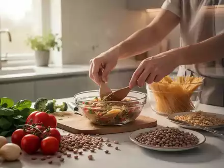 Hände bereiten eine einfache, erschwingliche Mahlzeit in einer minimalistischen Küche zu. Gemüse, Nudeln und Hülsenfrüchte sind sichtbar. - Foto: über boerse-global.de