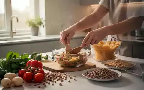 Hände bereiten eine einfache, erschwingliche Mahlzeit in einer minimalistischen Küche zu. Gemüse, Nudeln und Hülsenfrüchte sind sichtbar. - Foto: über boerse-global.de