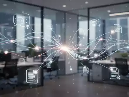 Abstrakte Darstellung von Datenfluss und Kommunikationssymbolen in einem digitalen Netzwerk, mit einem Büro im Hintergrund. - Foto: über boerse-global.de