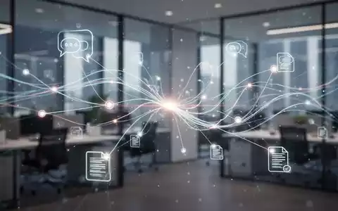 Abstrakte Darstellung von Datenfluss und Kommunikationssymbolen in einem digitalen Netzwerk, mit einem Büro im Hintergrund. - Foto: über boerse-global.de
