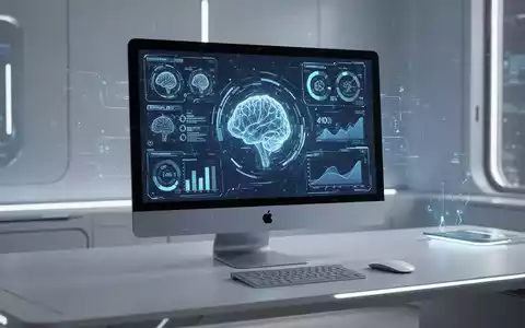 Futuristischer Schreibtisch mit Apple-Computer, der abstrakte KI-Funktionen und Leistungsdaten anzeigt, die die Fortschritte von macOS 27 symbolisieren. - Foto: über boerse-global.de