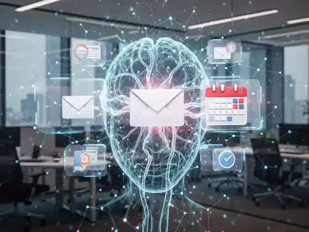 Leuchtende, abstrakte KI-Netzwerkoberfläche über verschwommenem Schreibtisch mit E-Mail- und Kalendersymbolen. - Foto: über boerse-global.de
