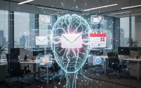 Leuchtende, abstrakte KI-Netzwerkoberfläche über verschwommenem Schreibtisch mit E-Mail- und Kalendersymbolen. - Foto: über boerse-global.de
