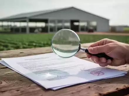 Eine Hand hält eine Lupe über offizielle Dokumente auf einem Holztisch, im Hintergrund unscharf ein Bauernhof. - Foto: über boerse-global.de