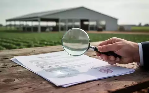 Eine Hand hält eine Lupe über offizielle Dokumente auf einem Holztisch, im Hintergrund unscharf ein Bauernhof. - Foto: über boerse-global.de