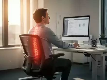 Eine Person sitzt ergonomisch an einem höhenverstellbaren Schreibtisch in einem modernen Büro. Sonnenlicht fällt durch ein Fenster. - Foto: über boerse-global.de