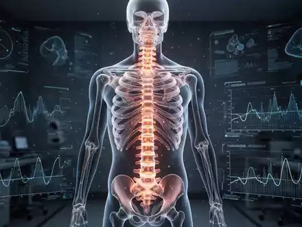 Ein detailliertes, leuchtendes Modell einer menschlichen Wirbelsäule in einer futuristischen, medizinischen Umgebung mit digitalen Datenvisualisierungen. - Foto: über boerse-global.de