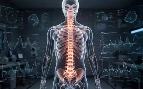 Ein detailliertes, leuchtendes Modell einer menschlichen Wirbelsäule in einer futuristischen, medizinischen Umgebung mit digitalen Datenvisualisierungen. - Foto: über boerse-global.de