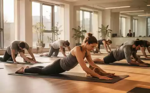 Eine Gruppe von Menschen praktiziert achtsame, rückenschonende Yoga-Posen in einem hellen, modernen Studio, um Rückenschmerzen vorzubeugen. - Foto: über boerse-global.de