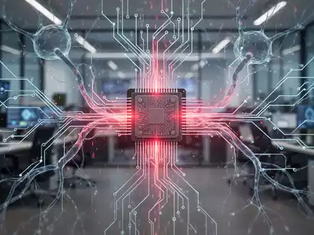 Abstrakte Darstellung eines komplexen digitalen Netzwerks mit unterbrochenen Verbindungen und einem glühenden roten Datenstrom, symbolisiert KI-Sicherheitsbedenken. - Foto: über boerse-global.de