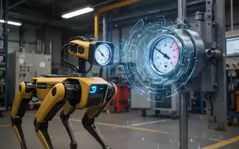 Boston Dynamics Spot Roboter in einer Industrieanlage, liest mit seiner Kamera ein analoges Manometer ab, dezente digitale Überlagerung zeigt KI-Verarbeitung. - Foto: über boerse-global.de