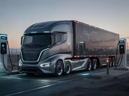 Ein futuristischer Elektro-Sattelzug an einer Ladestation in einer industriellen Landschaft bei Dämmerung, der die Herausforderungen der Infrastruktur symbolisiert. - Foto: über boerse-global.de