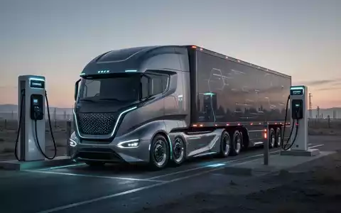 Ein futuristischer Elektro-Sattelzug an einer Ladestation in einer industriellen Landschaft bei Dämmerung, der die Herausforderungen der Infrastruktur symbolisiert. - Foto: über boerse-global.de