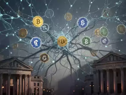 Digitale Stablecoin-Logos mit neuronalem Netz verflochten, werfen Schatten auf traditionelle Bankgebäude, symbolisieren Risiko. - Foto: über boerse-global.de