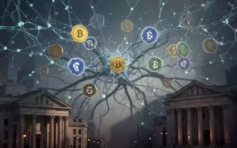 Digitale Stablecoin-Logos mit neuronalem Netz verflochten, werfen Schatten auf traditionelle Bankgebäude, symbolisieren Risiko. - Foto: über boerse-global.de