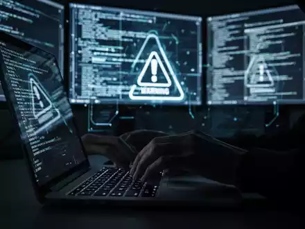 Hände tippen auf einer Laptoptastatur, im Hintergrund leuchten mehrere Bildschirme mit Codes und Warnsymbolen, die Cyberkriminalität andeuten. - Foto: über boerse-global.de