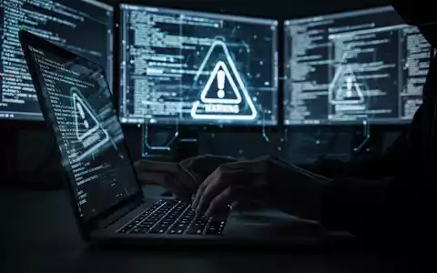 Hände tippen auf einer Laptoptastatur, im Hintergrund leuchten mehrere Bildschirme mit Codes und Warnsymbolen, die Cyberkriminalität andeuten. - Foto: über boerse-global.de