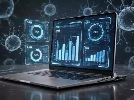 Laptop-Bildschirm mit holografischen Projektionen von CPU-, RAM- und GPU-Auslastung sowie KI-Mustern. - Foto: über boerse-global.de