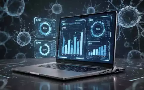 Laptop-Bildschirm mit holografischen Projektionen von CPU-, RAM- und GPU-Auslastung sowie KI-Mustern. - Foto: über boerse-global.de