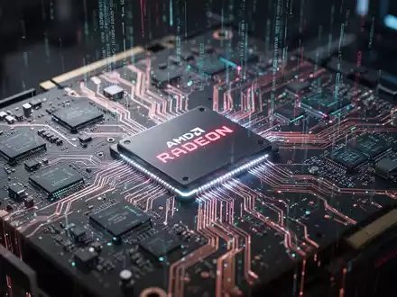 Nahaufnahme einer leuchtenden, futuristischen AMD Radeon GPU-Platine mit komplexen Mikrochips und digitalen Datenströmen. - Foto: über boerse-global.de