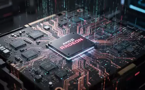 Nahaufnahme einer leuchtenden, futuristischen AMD Radeon GPU-Platine mit komplexen Mikrochips und digitalen Datenströmen. - Foto: über boerse-global.de
