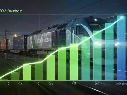 Ein stilisiertes, leuchtendes Balkendiagramm, das sinkende CO2-Emissionen darstellt, mit einem modernen Güterzug im Hintergrund. - Foto: über boerse-global.de