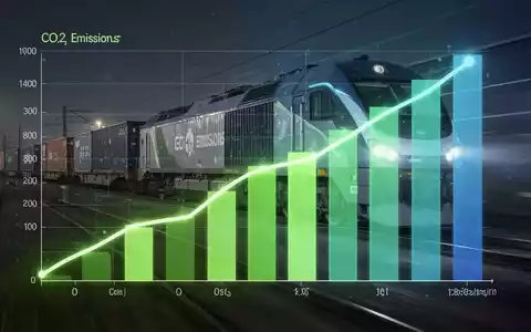Ein stilisiertes, leuchtendes Balkendiagramm, das sinkende CO2-Emissionen darstellt, mit einem modernen Güterzug im Hintergrund. - Foto: über boerse-global.de