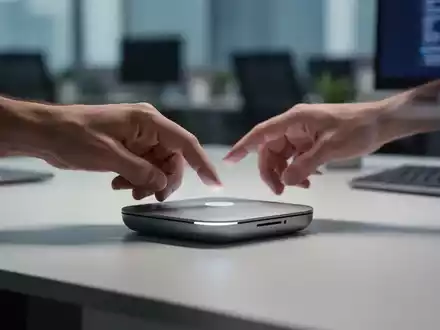 Eine Hand bedient ein schlankes, minimalistisches Tech-Gadget auf einem modernen Schreibtisch, unscharfer Bürohintergrund. - Foto: über boerse-global.de