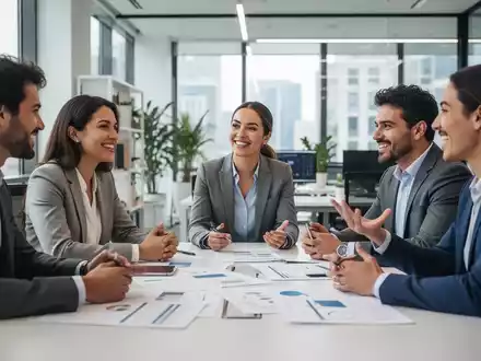 Ein diverses Team arbeitet in einem modernen Büro zusammen, diskutiert lebhaft an einem Tisch und tauscht Ideen aus. - Foto: über boerse-global.de