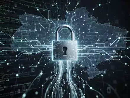Digitales Schloss mit leuchtendem Code, Symbol für Cybersicherheit, schützt ein Netzwerk mit dezentem Hintergrund der Ukraine-Karte. - Foto: über boerse-global.de