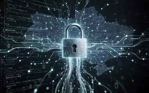 Digitales Schloss mit leuchtendem Code, Symbol für Cybersicherheit, schützt ein Netzwerk mit dezentem Hintergrund der Ukraine-Karte. - Foto: über boerse-global.de