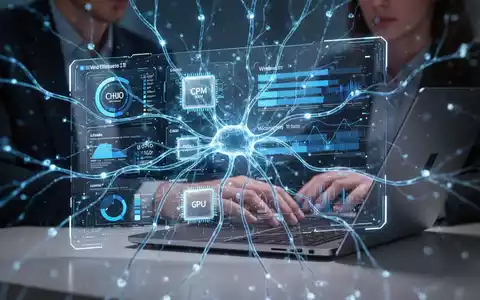 Leuchtend blaues neuronales Netzwerk über holografischer Anzeige mit Windows 11-Leistungsmetriken und Systemkomponenten, Person nutzt Laptop. - Foto: über boerse-global.de