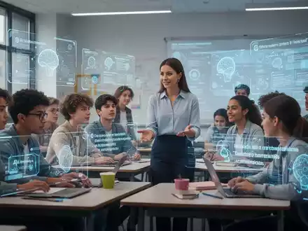 Schüler und Lehrer in einem modernen Klassenzimmer mit transparenten digitalen Schnittstellen für Bildungsinhalte und KI-Eingabeaufforderungen. - Foto: über boerse-global.de