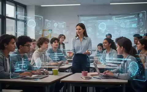 Schüler und Lehrer in einem modernen Klassenzimmer mit transparenten digitalen Schnittstellen für Bildungsinhalte und KI-Eingabeaufforderungen. - Foto: über boerse-global.de