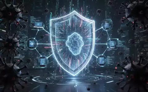 Ein futuristischer digitaler Schild aus leuchtenden Datenströmen schützt ein Netzwerk verbundener Geräte vor dunklen Cyber-Bedrohungen. - Foto: über boerse-global.de