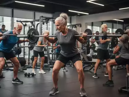 Ältere Erwachsene trainieren in einem Fitnessstudio mit Gewichten und Widerstandsbändern, konzentriert und aktiv. - Foto: über boerse-global.de