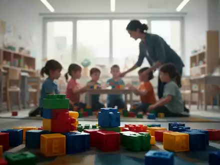 Stilisierte Bauklötze im Vordergrund, unscharfe Erwachsenen- und Kinderfiguren in einem hellen Kita-Klassenzimmer im Hintergrund. - Foto: über boerse-global.de