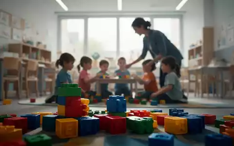 Stilisierte Bauklötze im Vordergrund, unscharfe Erwachsenen- und Kinderfiguren in einem hellen Kita-Klassenzimmer im Hintergrund. - Foto: über boerse-global.de