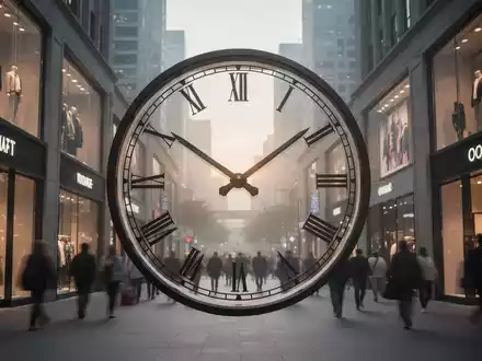 Eine stilisierte Uhr zeigt frühe Morgenstunden. Dahinter verschwimmen moderne Ladenfronten in einer belebten Stadt bei Sonnenaufgang. - Foto: über boerse-global.de