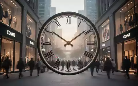 Eine stilisierte Uhr zeigt frühe Morgenstunden. Dahinter verschwimmen moderne Ladenfronten in einer belebten Stadt bei Sonnenaufgang. - Foto: über boerse-global.de