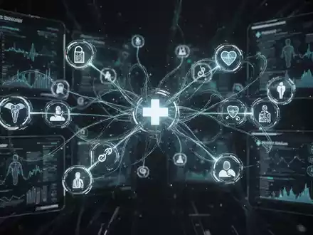 Digitale Darstellung eines Patientendossiersystems mit verbundenen Linien und medizinischen Symbolen, die Datenfluss und Integration andeuten. - Foto: über boerse-global.de