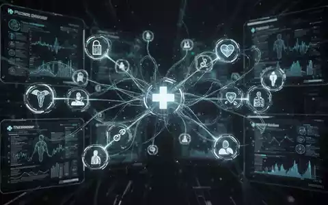Digitale Darstellung eines Patientendossiersystems mit verbundenen Linien und medizinischen Symbolen, die Datenfluss und Integration andeuten. - Foto: über boerse-global.de