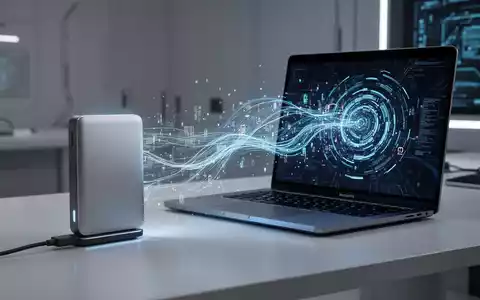 Schlanke externe Festplatte mit Apple MacBook Pro verbunden, abstrakte digitale Datenströme fließen dazwischen. - Foto: über boerse-global.de