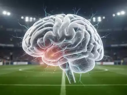 Eine Nahaufnahme eines stilisierten menschlichen Gehirns mit subtilen strukturellen Variationen, vor einem unscharfen Hintergrund eines Fußballstadions. - Foto: über boerse-global.de