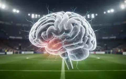 Eine Nahaufnahme eines stilisierten menschlichen Gehirns mit subtilen strukturellen Variationen, vor einem unscharfen Hintergrund eines Fußballstadions. - Foto: über boerse-global.de